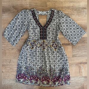 Almost Famous Boho Mini Dress Small | Embroidered V-Neck Folk Print